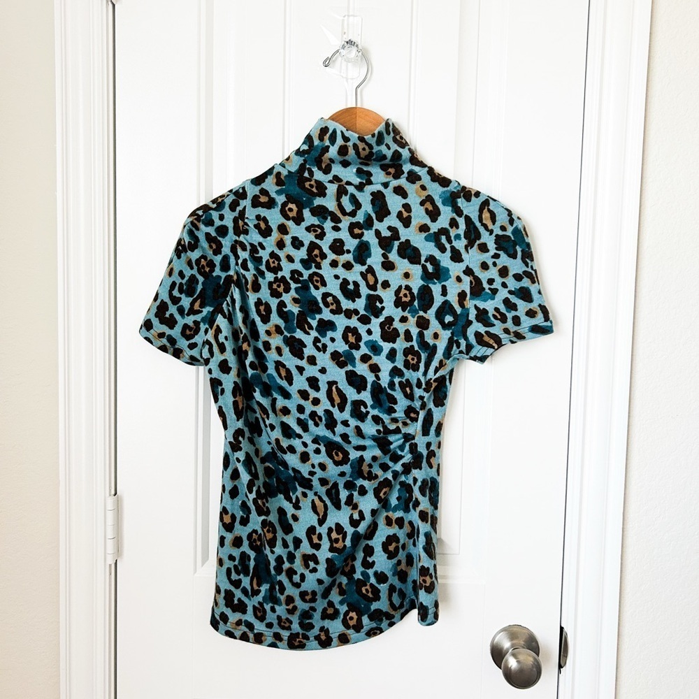 Daniela Corte Blue Leopard Mock Neck Blouse Size Small